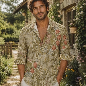 Victorian Menswear for Boyfriend Button Up Art Nouveau Light Academia Clothing for Dad William Morris Inspired Faux Linen Oxford with Pocket