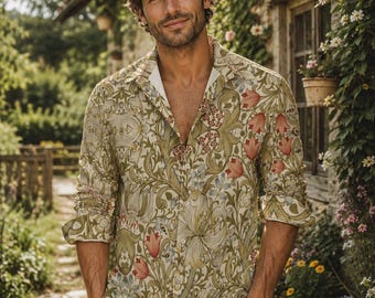 Ropa de caballero victoriana para novio, camisa abotonada, estilo Art Nouveau Light Academia, ropa para papá, estilo Oxford de lino sintético inspirado en William Morris con bolsillo.