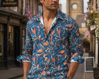 Retro Licht Academia Kleidung für Papa Jugendstil William Morris inspirierte Faux Leinen Oxford mit Tasche Freund Geschenk Herrenmode Button Up