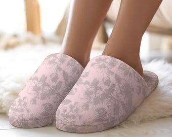 Pink Floral Flannel Ladies Cotton Slippers - Shabby Chic Bride and Bridesmaids Gift, Mother's Day, Birthdays