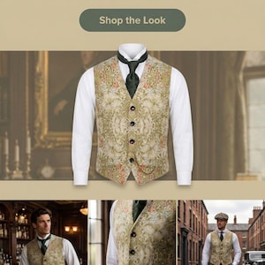 Puede incluir: Un chaleco con un estampado floral de William Morris en tonos verde oliva, crema y naranja apagado. La prenda tiene cuello en V, cuatro botones oscuros y una peque&ntilde;a cadena dorada unida al bolsillo delantero, sobre una camisa blanca.