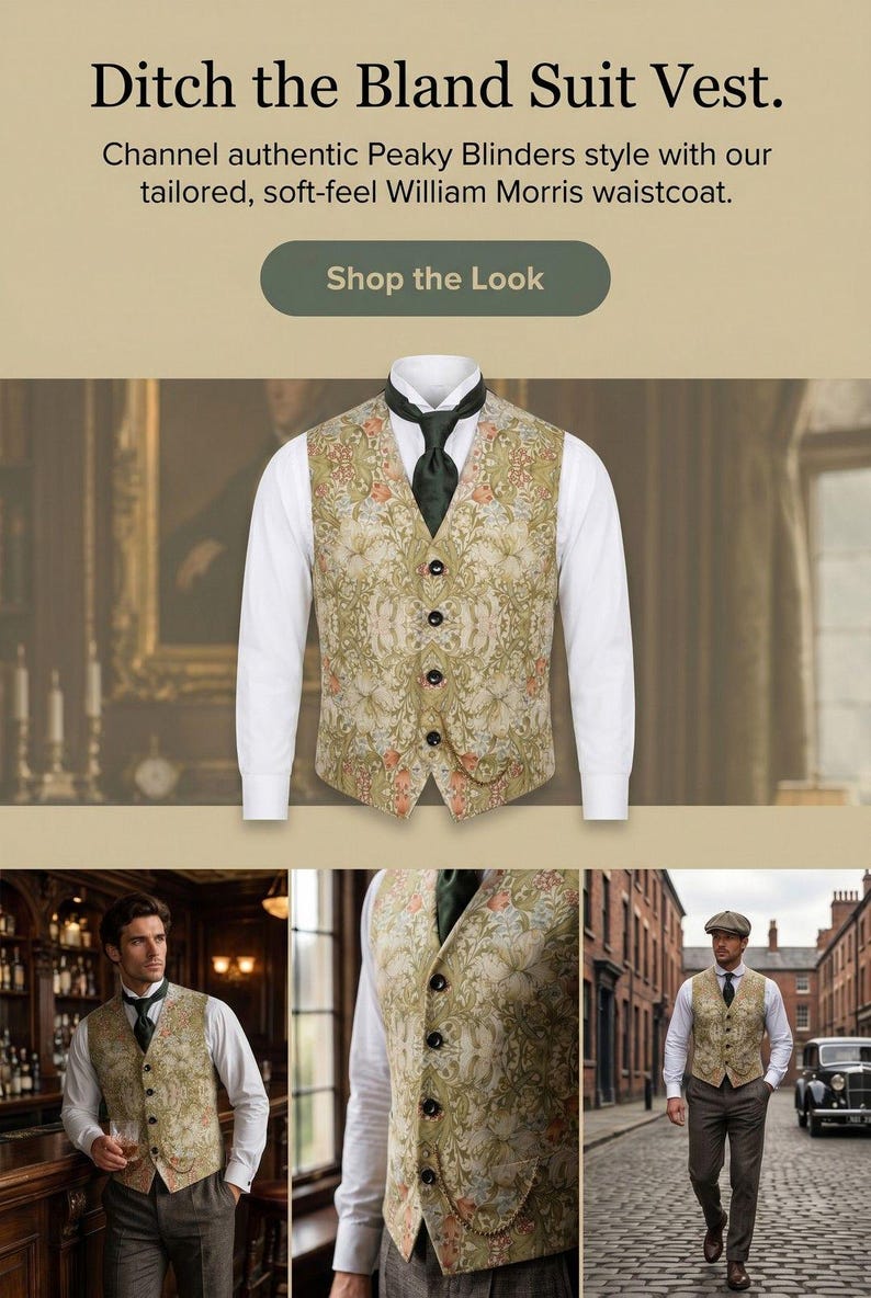 Puede incluir: Un chaleco con un estampado floral de William Morris en tonos verde oliva, crema y naranja apagado. La prenda tiene cuello en V, cuatro botones oscuros y una peque&ntilde;a cadena dorada unida al bolsillo delantero, sobre una camisa blanca.