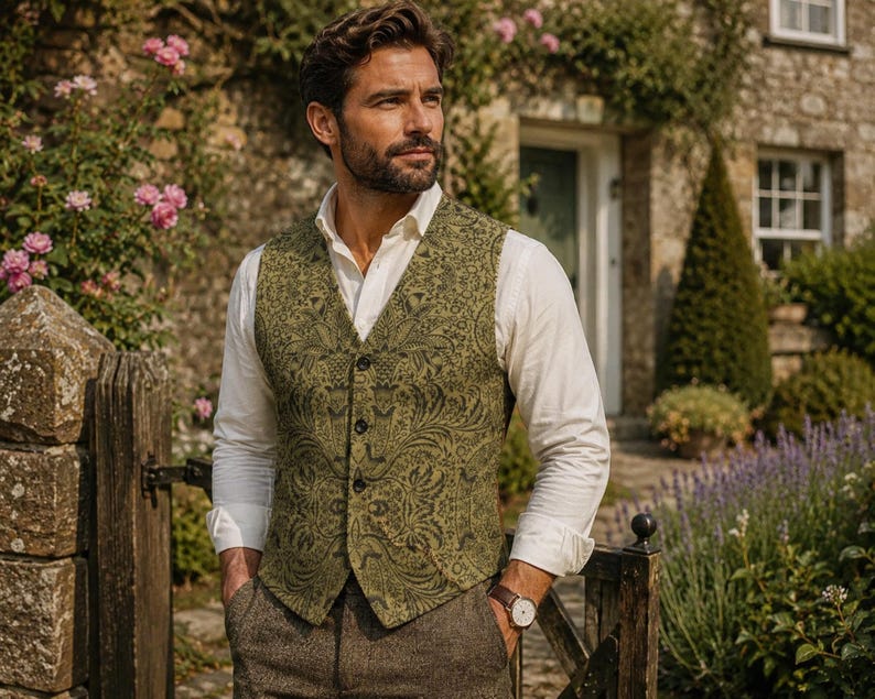 May include: A sleeveless vest in an olive green fabric featuring a dark green intricate botanical pattern, worn over a crisp white long-sleeved button-down shirt. The vest has a V-neckline and three dark buttons down the front center.