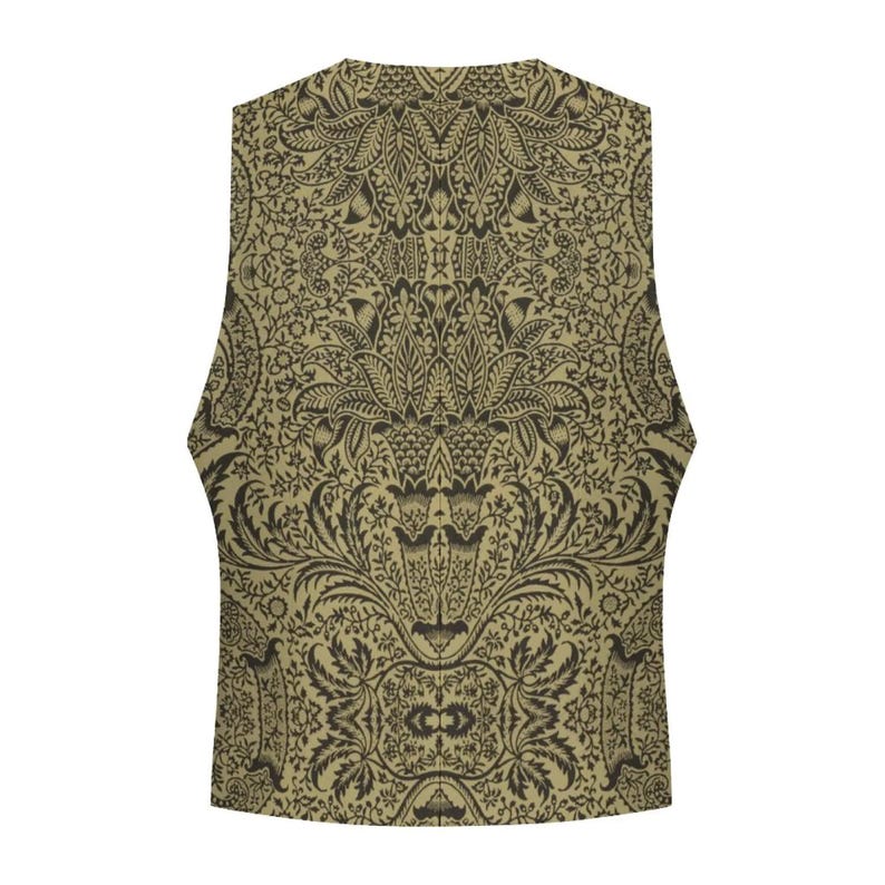 Puede incluir: Un chaleco sin mangas que presenta un patr&oacute;n bot&aacute;nico denso y sim&eacute;trico en marr&oacute;n oscuro sobre un fondo verde oliva apagado. El dise&ntilde;o intrincado muestra motivos florales y de hojas repetitivos que cubren toda la superficie de la prenda.