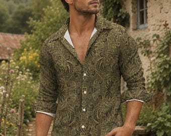 Viktorianische Herrenmode im Stil von William Morris: Hemd im Jugendstil mit Knopfleiste für den Freund, leichte Kleidung im Academia-Stil für den Vater, Oxford-Hemd aus Leinenimitat mit Tasche