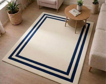 Hand Tufted Wool Rug, Cream Navy Border, Modern Living Room Carpet, New Zealand Wool