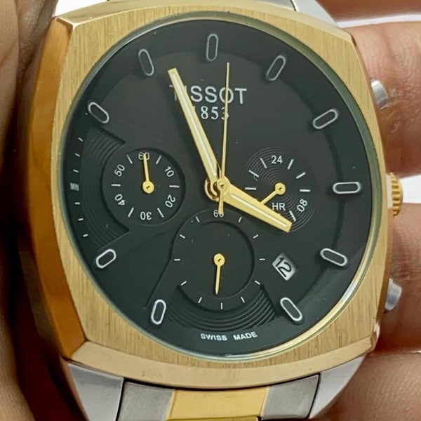 Reloj de pulsera de lujo Tissot bicolor reacondicionado, cronógrafo con indicador de fecha, cuarzo, para hombre, de diseño, ideal para regalar, fabricado en Suiza.