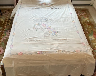 Couvre-lit complet brodé VTG Couvre-lit floral ivoire de ferme 96 x 79 po.
