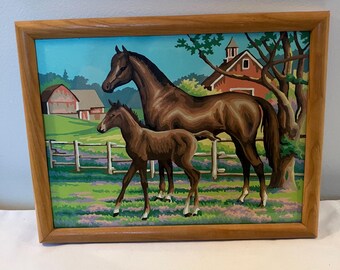 VTG Paint By Number Horses Mare Foal  Country Barn Scene 1960s MCM 10x13 Framed