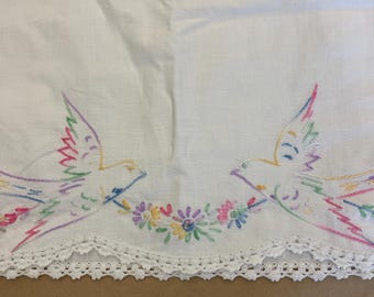 VTG Hand Embroidered Bright Bird Flowers Pillowcase Crocheted Trim Cottage Core