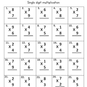 May include: A black and white multiplication facts practice worksheet featuring twenty-five single digit multiplication problems arranged in a grid. The document includes fields for Name and Date at the top, the title Multiplication Facts Practice, and Page 1 at the bottom.