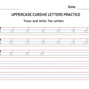Può includere: Un foglio di lavoro per esercitarsi con le lettere maiuscole in corsivo. Il titolo recita "UPPERCASE CURSIVE LETTERS PRACTICE". Il foglio di lavoro include la lettera "A" in corsivo, con linee tratteggiate per esercitarsi a tracciare e scrivere. Un'immagine di matita è nell'angolo in alto a sinistra.