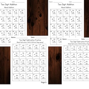 May include: Four white educational worksheets featuring black text and math problems. Two sheets are titled Two Digit Addition and two are titled Two Digit Subtraction Practice. Each page includes numbered grids with columns for Name and Date.