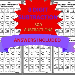 May include: Printable worksheets for three-digit subtraction without regrouping. Includes 300 subtraction problems and answers. The worksheets are on white paper with black text and a red and purple banner.