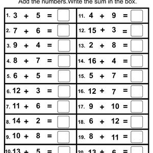 Peut inclure: Une feuille d'exercices d'addition en noir et blanc intitulée Addition avec des lignes pour le Nom et la Date. Elle présente vingt problèmes mathématiques en deux colonnes, chacun avec deux nombres à additionner et une case vide pour la somme.