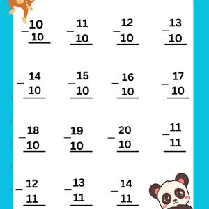 May include: A colorful educational worksheet with the word "SUBTRACTION" at the top. It features subtraction problems with numbers from 10 to 20, subtracting 10 and 11. Cartoon monkey and panda bear graphics are included.