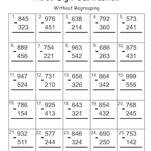 May include: A black and white educational worksheet titled Three Digit Subtraction Without Regrouping. The page features twenty-five math problems arranged in a grid, with blank lines for Name and Date at the top and Page 1 at the bottom.