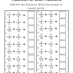 Pode incluir: Uma folha de exercícios educativa a preto e branco intitulada Addition of Like Fractions com linhas para nome e data. Contém dezoito problemas matemáticos de adição de frações com denominadores iguais e caixas vazias para respostas.