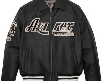 Avirex Black Aces Leather Varsity Jacket, Vintage Style Bomber Coat, Streetwear Aviator Jacket