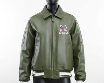 AVIREX USA Leather Bomber Jacket Green | All Americans Patch Coat Streetwear Varsity Flight Coat