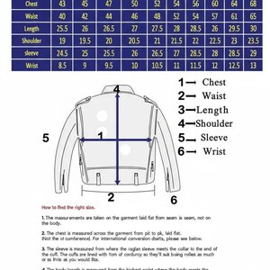May include: A size chart labeled "Gents Size Chart" with measurements in inches for chest, waist, length, shoulder, sleeve, and wrist. An illustration of a jacket shows where to measure.
