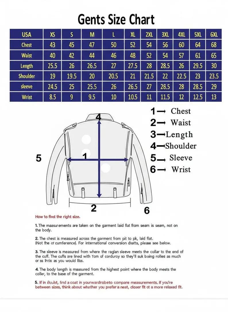May include: A size chart labeled "Gents Size Chart" with measurements in inches for chest, waist, length, shoulder, sleeve, and wrist. An illustration of a jacket shows where to measure.