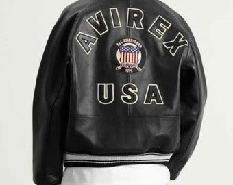 Avirex USA Leather Varsity Jacket, Stylish Bomber Jacket Men, Retro Streetwear Coat