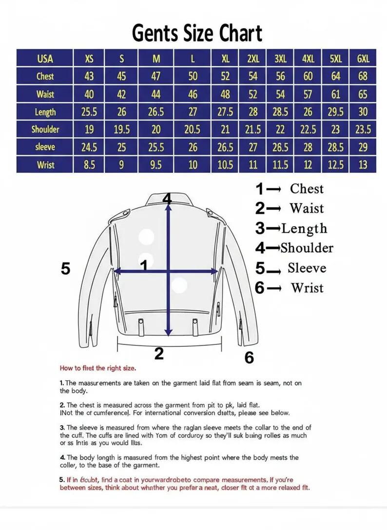 Op de afbeelding: Maattabel "Gents Size Chart" met afmetingen in cm voor borst, taille, lengte, schouder, mouw en pols. Een illustratie van een jas toont de meetpunten.