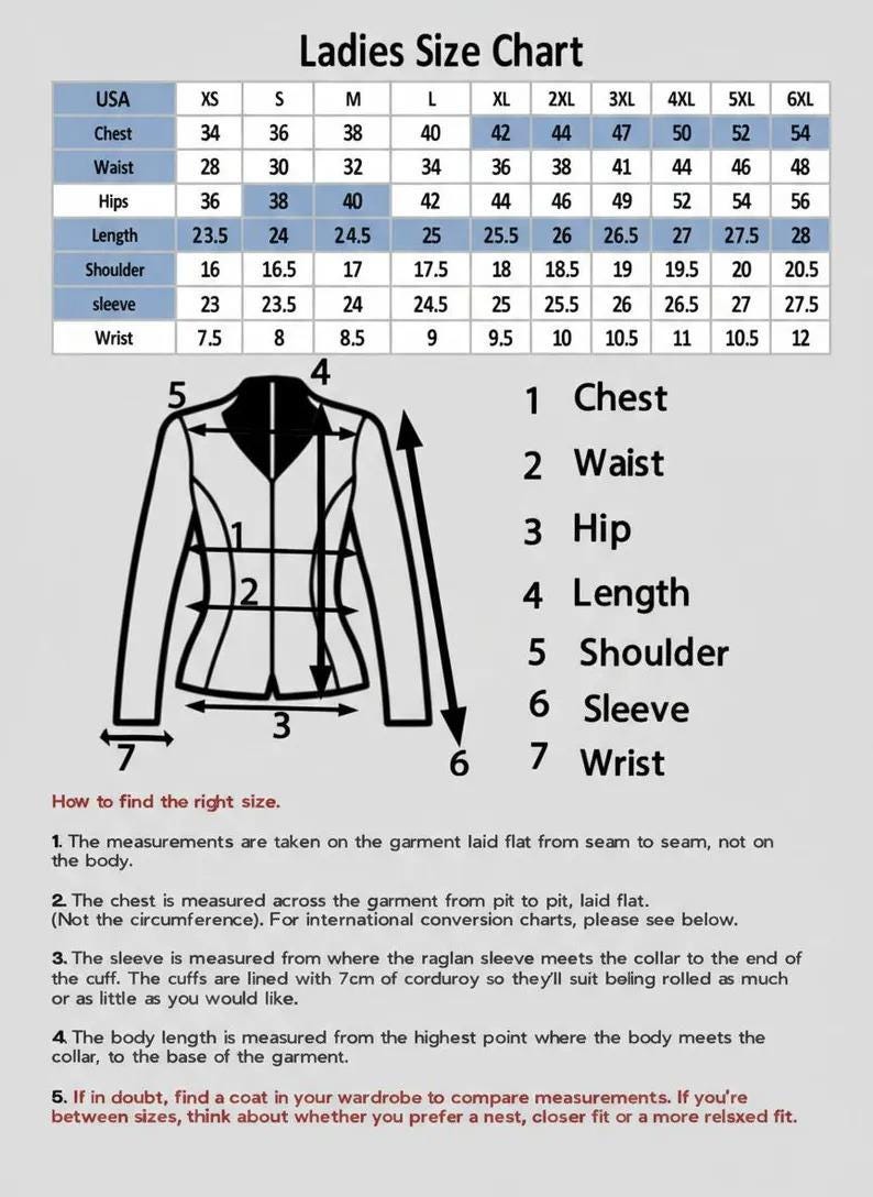 Pu&ograve; includere: Tabella delle taglie da donna con misure in cm per petto, vita, fianchi, lunghezza, spalle, maniche e polsi. Include un diagramma di giacca con punti di misurazione numerati e istruzioni.