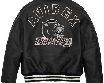 Giacca stile college in pelle Avirex Black Aces, bomber vintage, giacca da aviatore streetwear