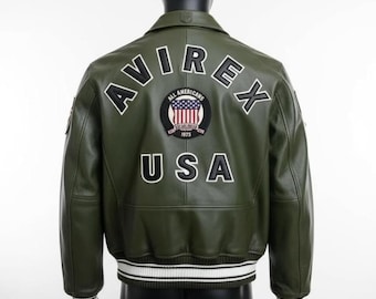 Giacca bomber in pelle AVIREX USA verde / Cappotto con patch All Americans stile streetwear stile college