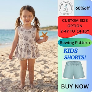 May include: A young girl stands on a sandy beach, wearing a beige romper with a seashell pattern. She holds a starfish. The image includes text that says "Sewing Pattern" and "KIDS SHORTS!"
