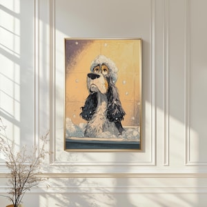 May include: A framed print featuring a Cocker Spaniel in a bathtub, covered in suds and wearing a shower cap. The dog has black and white fur and a sad expression, set against a yellow tiled background.