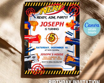 Dart Gun Party, blaster Dart Wars Birthday invitation, editable Nerf invite template, boy birthday invitation, printable editable invite