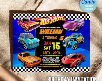 Cars birthday invitation, Hot Racing invite, Wheels invitation, boy birthday party invitation template, printable editable evite