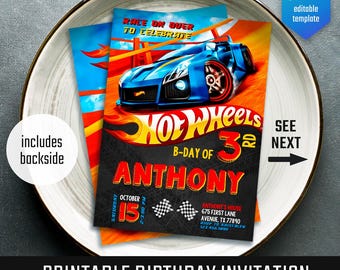 Cars birthday invitation, Hot Racing invite, Wheels invitation, boy birthday party invitation template, printable editable evite