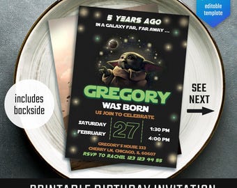 Baby Yoda birthday invitation, Star Wars invite, printable Grogu invitation, instant download, editable birthday invite template