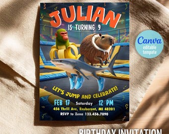 Trampoline Brainrot birthday invitation, Italian Brain Rot jump park invite, printable editable bounce party template, tik tok meme bday