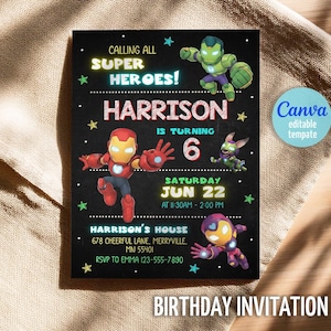 K&ouml;nnte beinhalten: Schwarze Geburtstagseinladung mit Superhelden-Illustrationen und dem Text "Calling All Super Heroes!" f&uuml;r Harrisons 6. Geburtstag. Enth&auml;lt Datum, Uhrzeit und Adressdetails.