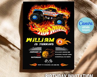 Cars birthday invitation, Hot Racing invite, Wheels invitation, boy birthday party invitation template, printable editable evite