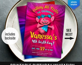 Editable Trolls invite, printable birthday invitation, girl birthday, electronic invitation, Poppy invite template, Trolls Party