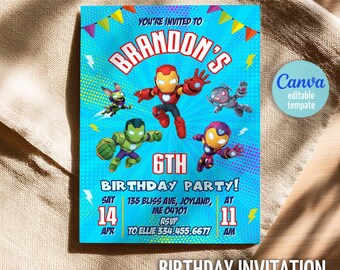 Iron Man Awesome Friends birthday invitation, kids superhero party invite, printable editable Marvel boy party template, Ironheart bday