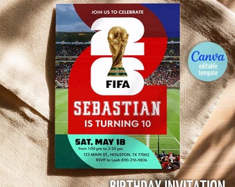 Einladung zur Geburtstagsfeier der Fußball-WM 2026, Fußball-Einladung, druckbare bearbeitbare Fußball-Turnier-Party-Vorlage, Champs-Sport-Geburtstag