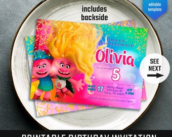 Editable Trolls invite, printable birthday invitation, girl birthday, electronic invitation, Poppy invite template, Trolls Party