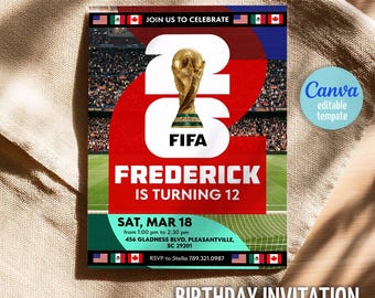 FIFA World Cup 2026 birthday invitation, soccer invite, printable editable football tournament party template, Champions sports bday