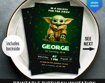Baby Yoda birthday invitation, Star Wars invite, printable Grogu invitation, instant download, editable birthday invite template