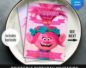 Editable Trolls invite, printable birthday invitation, girl birthday, electronic invitation, Poppy invite template, Trolls Party