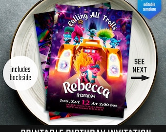 Editable Trolls invite, printable birthday invitation, girl birthday, electronic invitation, Poppy invite template, Trolls Party