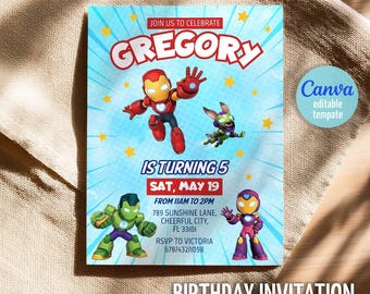 Iron Man Awesome Friends birthday invitation, kids superhero party invite, printable editable Marvel boy party template, Ironheart bday