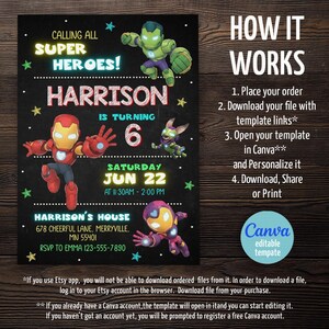 K&ouml;nnte beinhalten: Schwarze Geburtstagseinladung mit Superhelden-Grafiken. Die Einladung tr&auml;gt die Aufschrift "Calling All Super Heroes!" und enth&auml;lt den Namen "Harrison" und das Alter "6". Eventdetails und RSVP-Informationen sind ebenfalls enthalten.